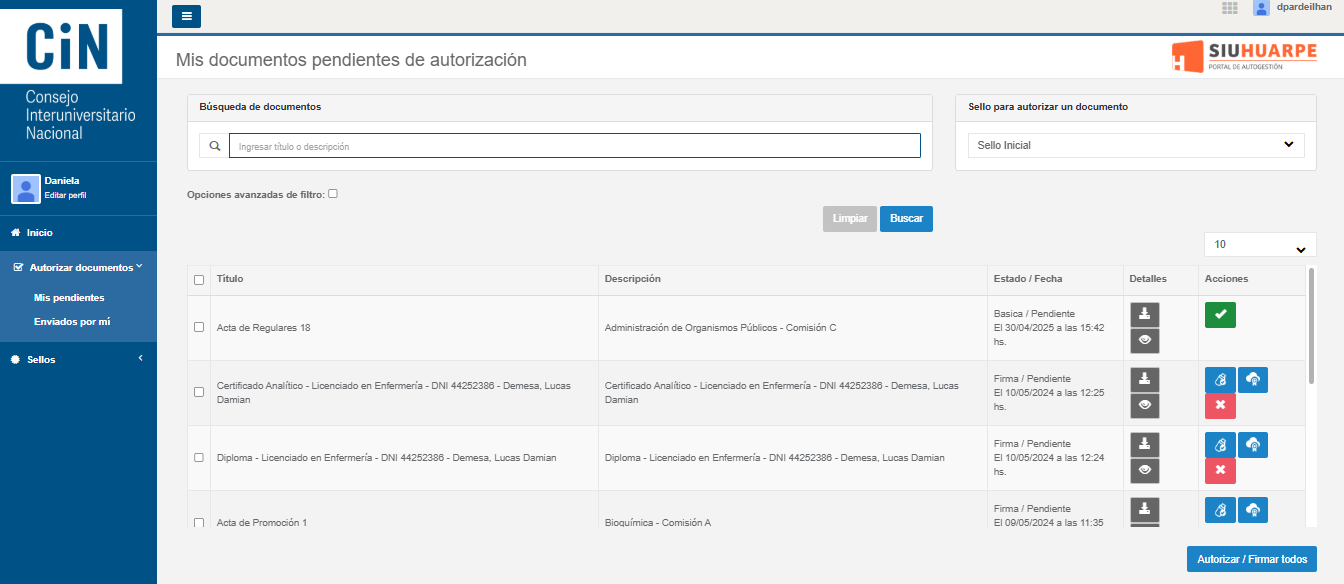 Bandeja de documentos pendientes de autorización