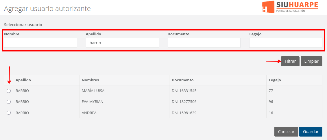Agregar usuarios autorizantes