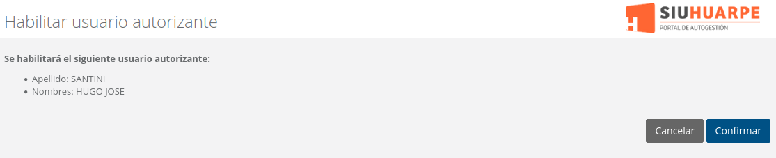 Habilita usuario autorizante