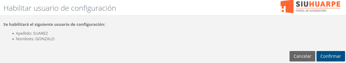 Habilita usuario de configuración