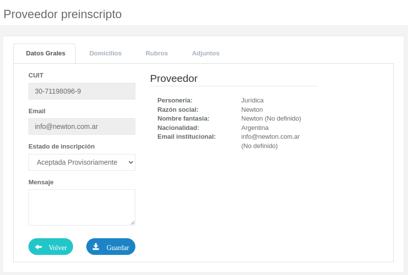 Datos Proveedor Preinscripto