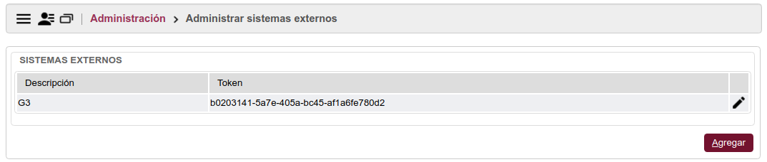 9  G3      Cuando se seleccione el botón  se volverá a la página principal actualizada:        La ventana muestra el token que hay que ingresar en G3 en el parámetro del sistema  sq_id_externo, desde esa misma ventana se puede seleccionar y copiar el dato del token para llevarlo al sistema de Guarani3.  00 px